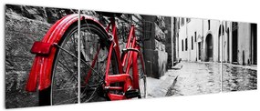 Obraz czerwonego roweru na brukowanej uliczce (170x50 cm)