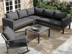 Modułowy Salon Ogrodowy 6 Osób z Kanapą Narożną i Fotelem Bujanym - Konstrukcja Metalowa i Pleciony Sznur - Stół Szklany - Szary