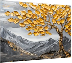 Obraz na szkle – Drzewo ze złotymi liśćmi (70x50 cm)