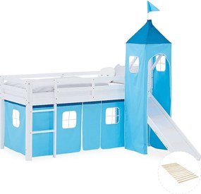 Łóżko piętrowe dla dzieci 90x200 cm białe niebieskie z zasłoną