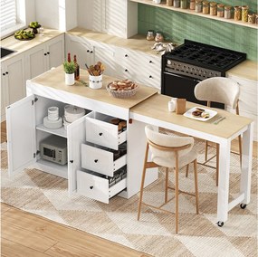 Rozkładana wyspa kuchenna na kółkach - 112/186,8 x 45 x 93 cm - z półką + 3 szufladami + 2 drzwiami - MDF - biała