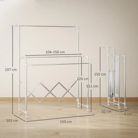HOMCOM Stojak na pranie, składany suszarka stojąca z 3 regulowanymi prętami, stalowy wieżowy stojak na pranie na kółkach, wieża do suszenia prania do wnętrz i na zewnątrz