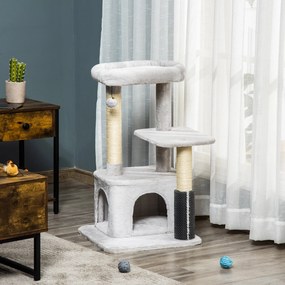 PawHut Drapak dla Kotów z Kącikiem do Masażu Jaskinią i Piłką Jasnoszary 48x48x80cm Kompleksowa Zabawa dla Twojego Kota | Aosom PL