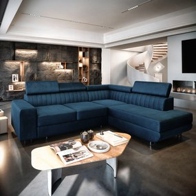 Masseno Narożnik NOLA z funkcją spania i pojemnikiem na pościel Narozniki L, Rozkładana sofa - Niebieski, MONOLITH 77