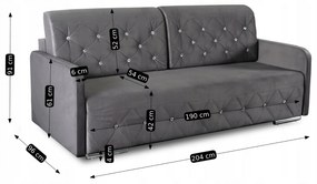 Sofa Rozkładana z Funkcją Spania VIVO Dwuosobowa Szara Glamour do Salonu