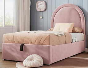 Łóżko dziecięce tapicerowane welurem - 90x190cm - z miejscem do przechowywania - Różowe