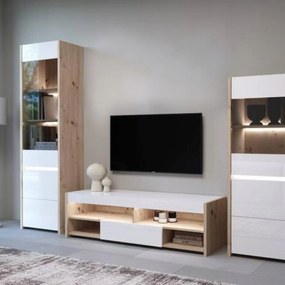 Szafka RTV do Salonu GOBI 160 cm LED Dąb Artisan/Biały Połysk Skandynawska