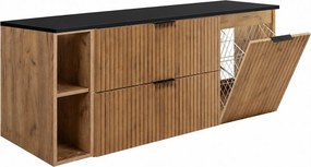 Zestaw szafek łazienkowych z koszem na pranie, Dąb Craft / Blat Czarny / Uchwyty Czarne, 140 x 57 x 46 cm