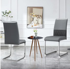 Zestaw 2 krzeseł do jadalni - Szara sztuczna skóra i len - Tapicerowane oparcie - Srebrne nogi