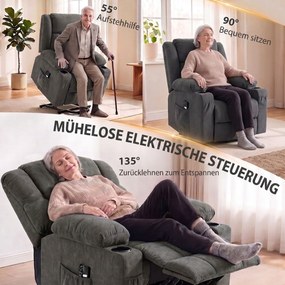 HOMCOM Fotel relaksacyjny z dwoma silnikami i elektryczną funkcją podnoszenia, fotel podnoszący 55° dla seniorów, masaż i ogrzewanie, Ciemnoszary | Aosom PL