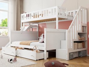 Łóżko piętrowe 90x200 + 140x200 cm - lite drewno - z prowadnicą, półką i 2 dużymi szufladami - Białe