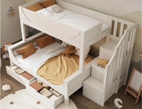 Łóżko piętrowe 90×200 cm +140×200 cm - schody ze schowkiem - z 2 szufladami - Drewno lite + MDF - Białe (bez materaca)