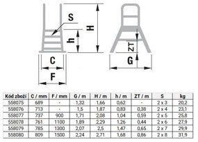 Mostek aluminiowy, drabina z platformą, obustronny ALVE FORTE, 2x5 stopni, wysokość platformy 1,04 m