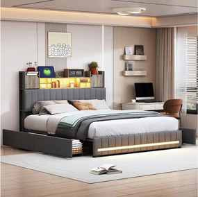 Łóżko 140 x 200 cm z zagłówkiem LED i USB, 4 szuflady, stelaż z listew, len, kolor szary