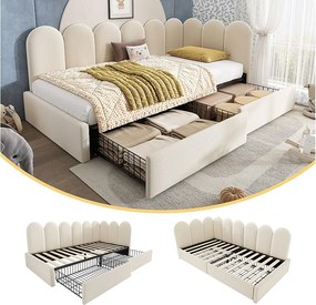 Łóżko tapicerowane dla dzieci z pojemnikiem - 90 x 190 cm - z 2 szufladami + stelaż - sofa rozkładana - aksamit - beż