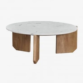 Okrągły Stolik Kawowy Lavinia Z Naturalnego Kamienia I Drewna Mango Biały Marmur & Naturalna & Ø85 Cm - Sklum