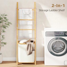 HOMCOM Regał łazienkowy, 2-w-1 z 3 drążkami, wyjmowany kosz na pranie 48L, bambusowy, 43 x 35 x 133 cm, kremowy | Aosom PL