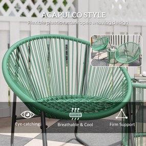 Outsunny 3-częściowy Zestaw Mebli Zewnętrznych, 1 Stół, 2 Krzesła, Blat z Szkła Hartowanego, Rattan Tworzywa Sztucznego na Stalowej Ramie, Miękkie Poduszki, Kolor Zielony