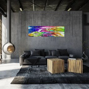 Obraz - Mur z cegły z kolorowymi płomieniami (170x50 cm)
