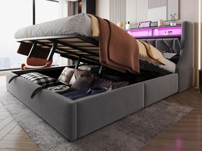Łóżko z pojemnikiem pikowane 180 x 200 cm - Składane wezgłowie - z gniazdkiem elektrycznym - z oświetleniem LED - Welur - szary​ (materac nie jest wliczony w cenę)