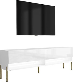 Szafka pod telewizor 170 cm Biały Mat / Biały Połysk, nóżki proste złote, LED biały, 170 × 32 × 52 cm