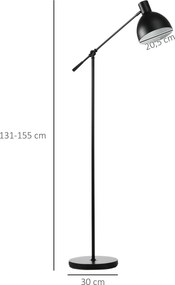 HOMCOM Lampa Podłogowa Styl Przemysłowy Regulowana Wysokość Przełącznik Podłogowy Czarna 30x30x131cm | Aosom PL