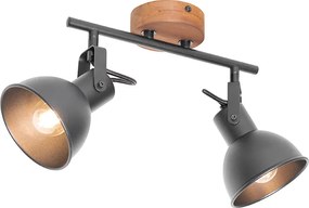 Industrialny reflektor czarny z drewnem, regulowany, 2-światłowy - Tommy