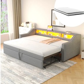 Rozkładana sofa - 90/180 x 200 cm - z półkami do przechowywania + diody LED + USB - len + płyta MDF - jasnoszara (z 2 materacami)