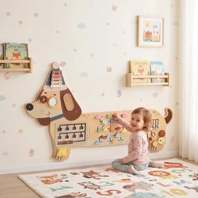 AIYAPLAY Montessori panel motoryczny drewniany Busy Board w kształcie jamnika montowany na ścianie z ksylofonem, zębatkami i bębenkiem | Aosom PL