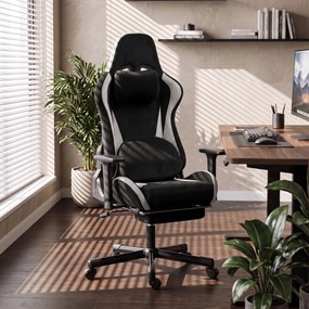 HOMCOM Fotel gamingowy z poduszką lędźwiową z masażem i ogrzewaniem, ergonomiczny, tkanina w wyglądzie lnu, 4D podłokietniki, zagłówek, Schwarz | Aosom PL