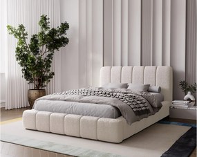 Emporius Milan łóżko tapicerowane 160x200 - pufiaste łóżko do sypialni, łóżko z pojemnikiem i stelażem - tkanina boucle, kremowy (Anthology 1)