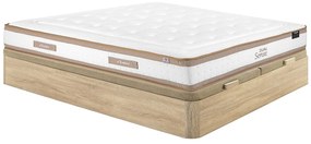 Zestaw 180 x 200 cm: stelaż ze skrzynią w jasnym naturalnym kolorze + materac hybrydowy ze sprężynami kieszeniowymi 7 stref i pianką z pamięcią kształtu, grubość 28 cm – MEYANI od YSMÉE