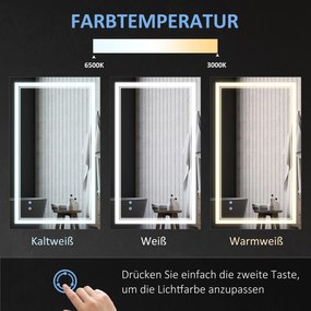 kleankin Lustro Łazienkowe LED Wodoodporne Srebrne Nowoczesne z Oświetleniem 100x60x32cm | Aosom PL