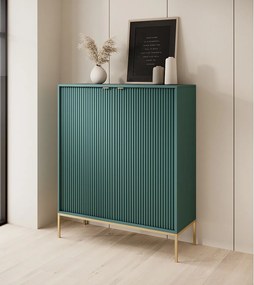 Komoda Wysoka Geriffelt DomoHome NOVA – 2 drzwi, Highboard z złotymi uchwytami, Labrador, złote nogi 125x104x39cm - Elegancka do salonu