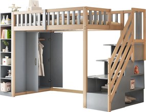 Łóżko piętrowe 90×200 cm - z barierkami - z miejscem do przechowywania - z drabiną bezpieczeństwa - białe + naturalne (materac nie jest zawarty)