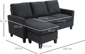 HOMCOM Sofa Narożna Wielofunkcyjna Ciemnoszara 197x139x91 cm Przestronny i Wygodny Narożnik | Aosom PL