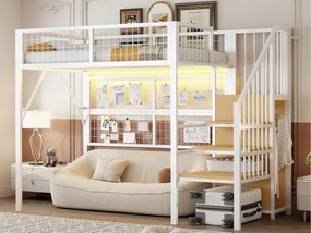 Łóżko mezzanine 90x200 - z oświetleniem LED - z drabiną do przechowywania - z otwartą szafą - białe (bez materaca)