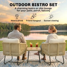 Outsunny Rattanowy zestaw bistro 3-częściowy FSC Zestaw mebli ogrodowych z 2 fotelami, stolik z drewna akacjowego, grube, zmywalne poduszki, stalowa rama | Aosom PL