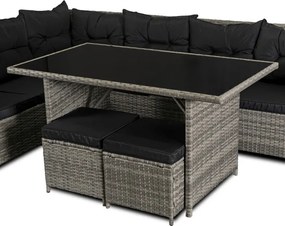 Zestaw Mebli Ogrodowych DALLAS Szary/Czarny Narożnik Pufy Stolik Tarasowy Technorattan Nowoczesny