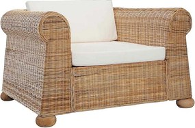 Fotel z naturalnego rattanu z zdejmowanymi kremowymi poduszkami lnianymi, rama z litego drewna, styl współczesny, komfort i trwałość