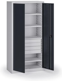 Szafa warsztatowa, 4 półki + 4 szuflady, 1950 × 950 × 500 mm, grafitowe drzwi