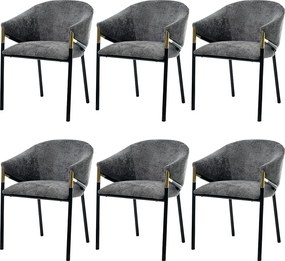 Zestaw 6 krzeseł - Styl nowoczesny - Tkanina welurowa - Podłokietniki ze złoconej stali nierdzewnej - Grube oparcie - Szary