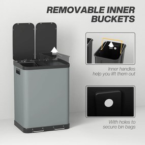 HOMCOM Śmietnik z podwójną komorą, 2 x 30L, odporny na odciski palców, pedał, wyjmowane wewnętrzne kosze, Szary