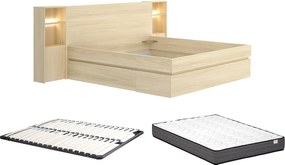 Łóżko z szafkami nocnymi i schowkami 160 x 200 cm – Z oświetleniem LED i portem USB – Kolor: Jasny naturalny + Stelaż + Materac - LARONIA