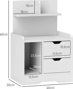 HOMCOM Stolik Nocny z 2 Szufladami i Otwartą Półką, 40x30x60 cm, Biały