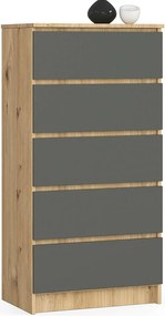 Komoda AKORD K60 Dąb Artisan 60 cm 5 szuflad kolor Grafit Szary mat 60x40x121 cm