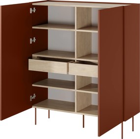 Komoda wysoka Desin 120 cm dwudrzwiowa z ukrytymi szufladami - ceramic red / dąb nagano