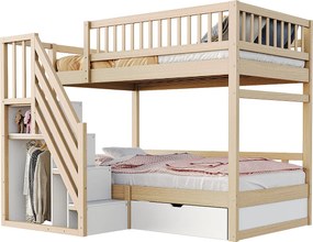 Łóżko piętrowe 90x200cm - z drabinką bezpieczeństwa - z 1 szufladą - z stelażem na listwach - naturalne (materac nie wliczony)
