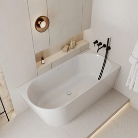 Wanna wolnostojąca narożna prawa z konglomeratu biała błyszcząca/matowa 160 x 75 cm WALL White Matt / Glow z przelewem typu SLIM : Kolor wanny - Biały połysk