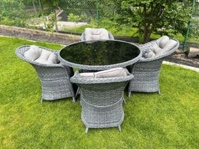 Zestaw obiadowy z technorattanu (okrągły stół + 4 fotele) MODERNO szary